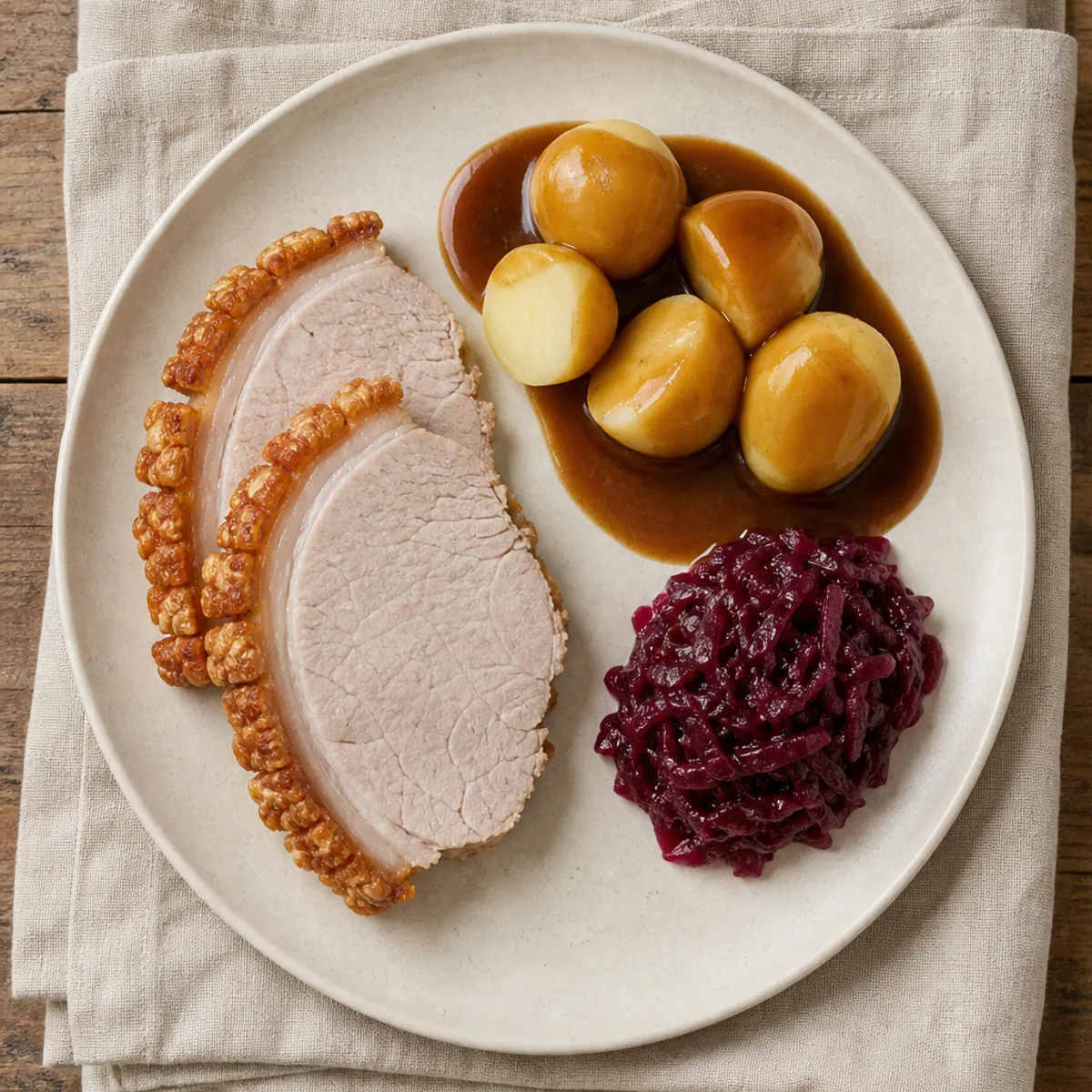 Roast Pork with Crackling, Gravy and Red Cabbage