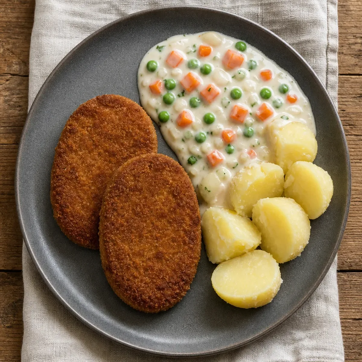 Breaded Pork Patties with Creamed Vegetables