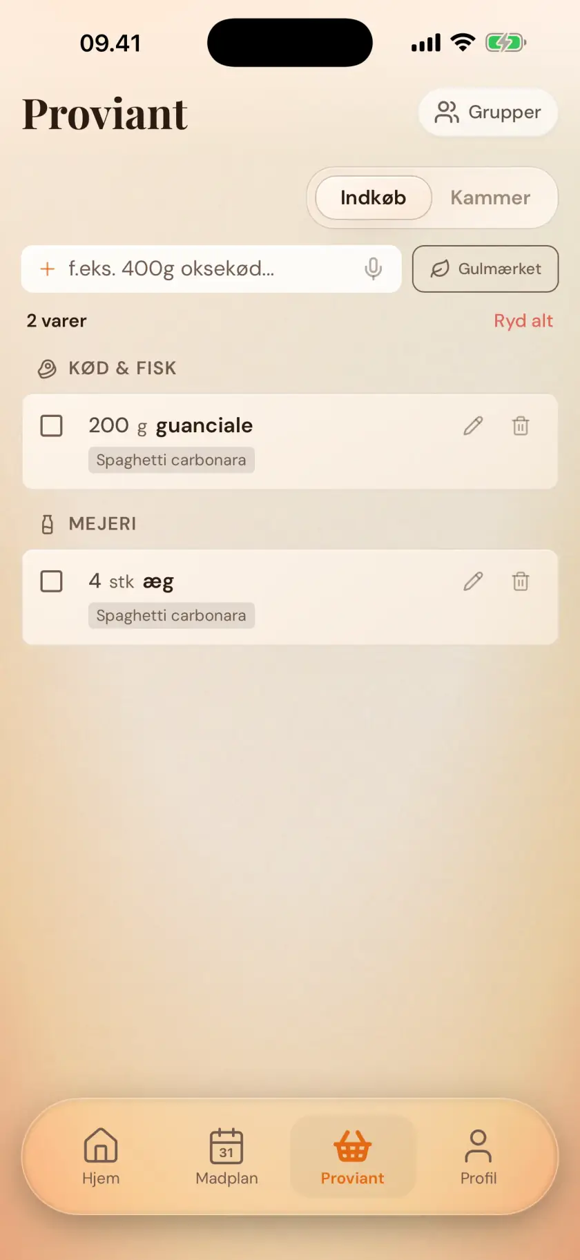Adding an item to the shopping list where Zimmer suggests the amount you usually buy
