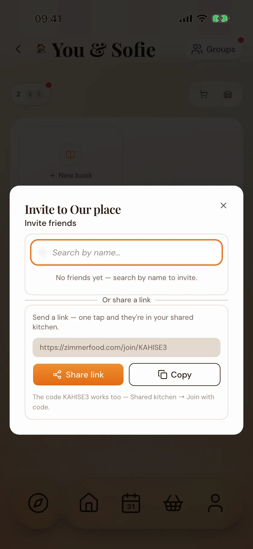An invitation to a shared kitchen in Zimmer — link and code ready to send