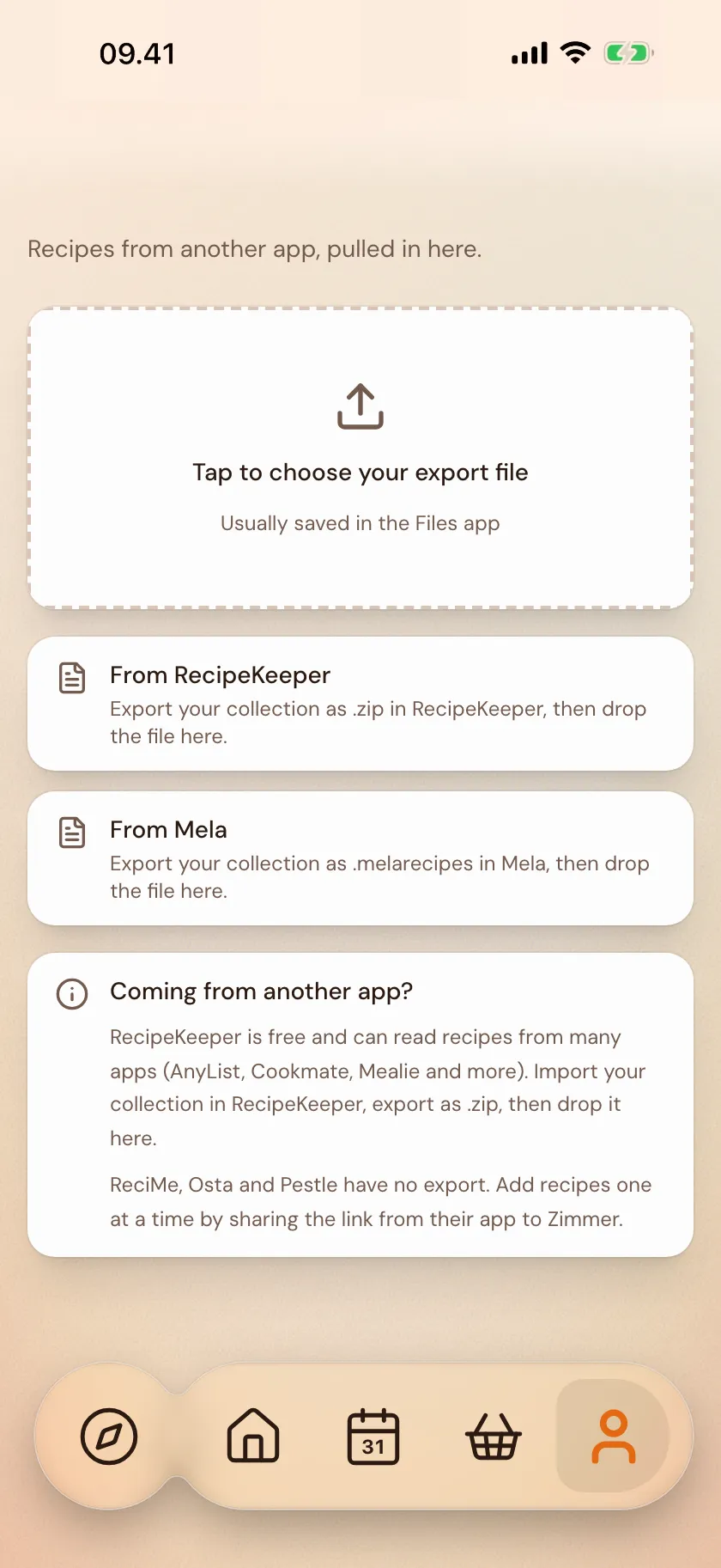 File import in Zimmer, ready for an export file from another app