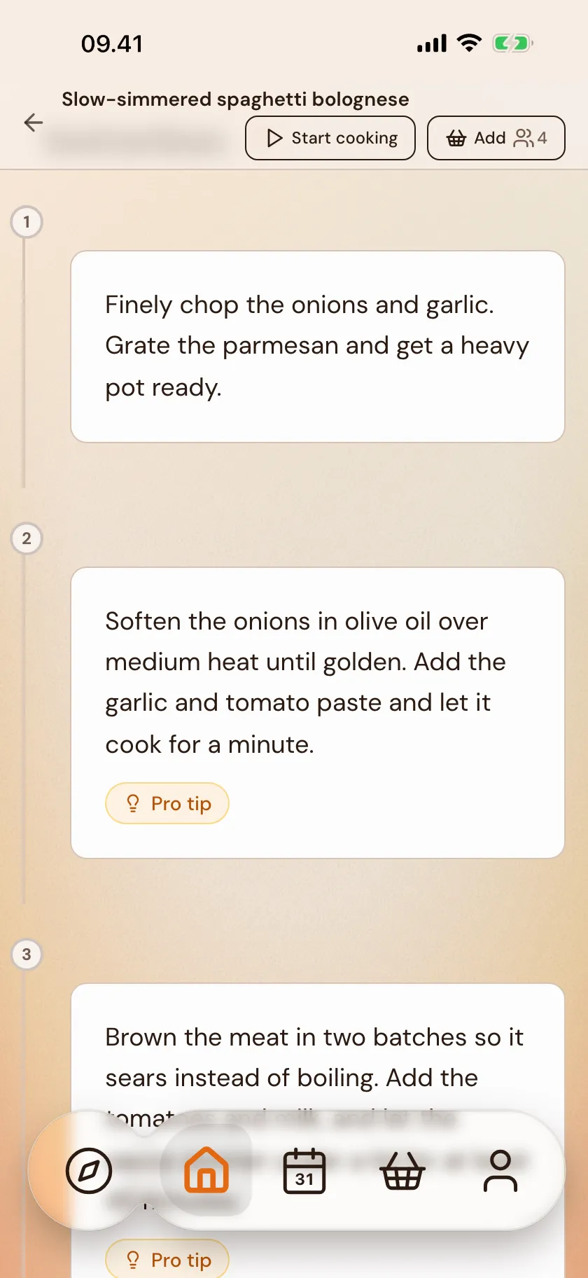 An imported recipe's steps in Zimmer, ready to follow