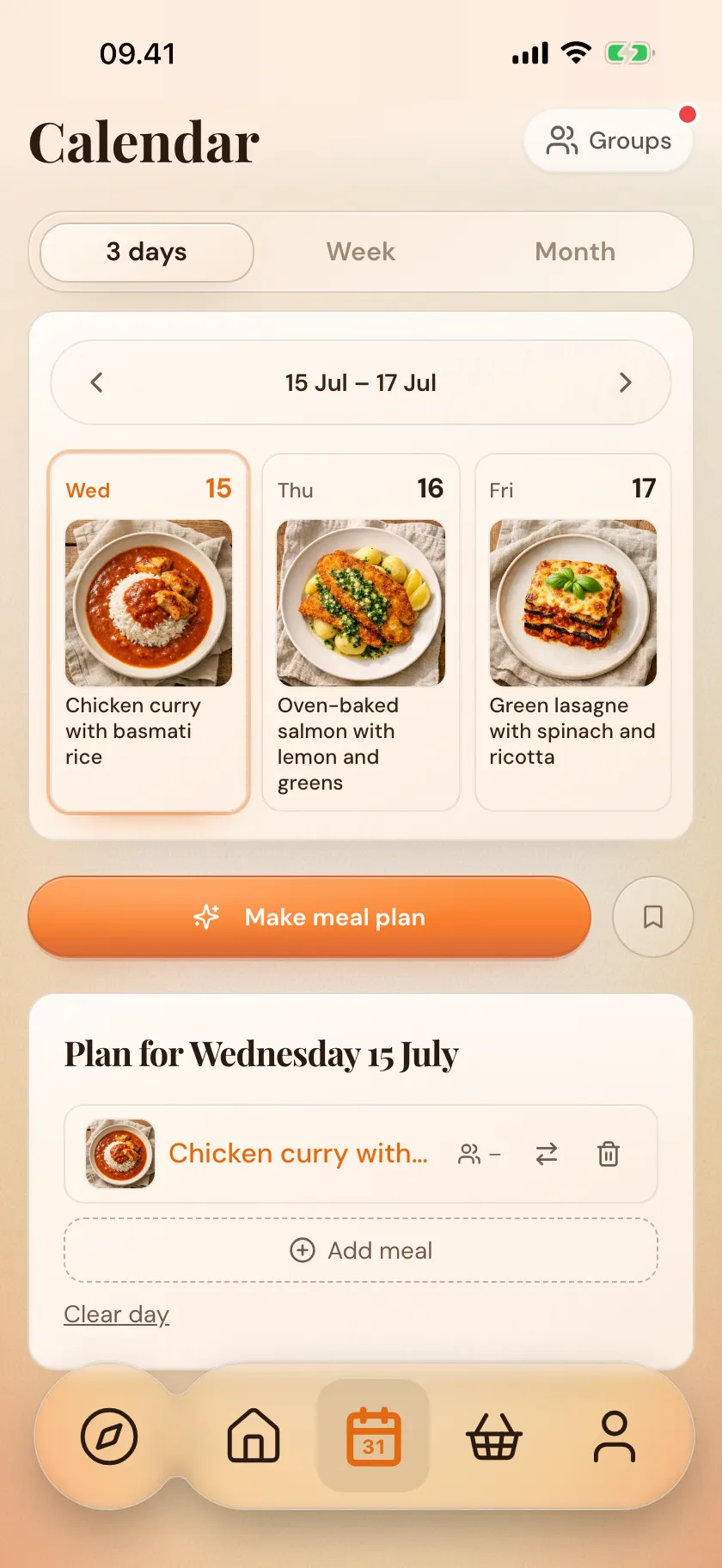 Three days in the Zimmer calendar with portions per meal