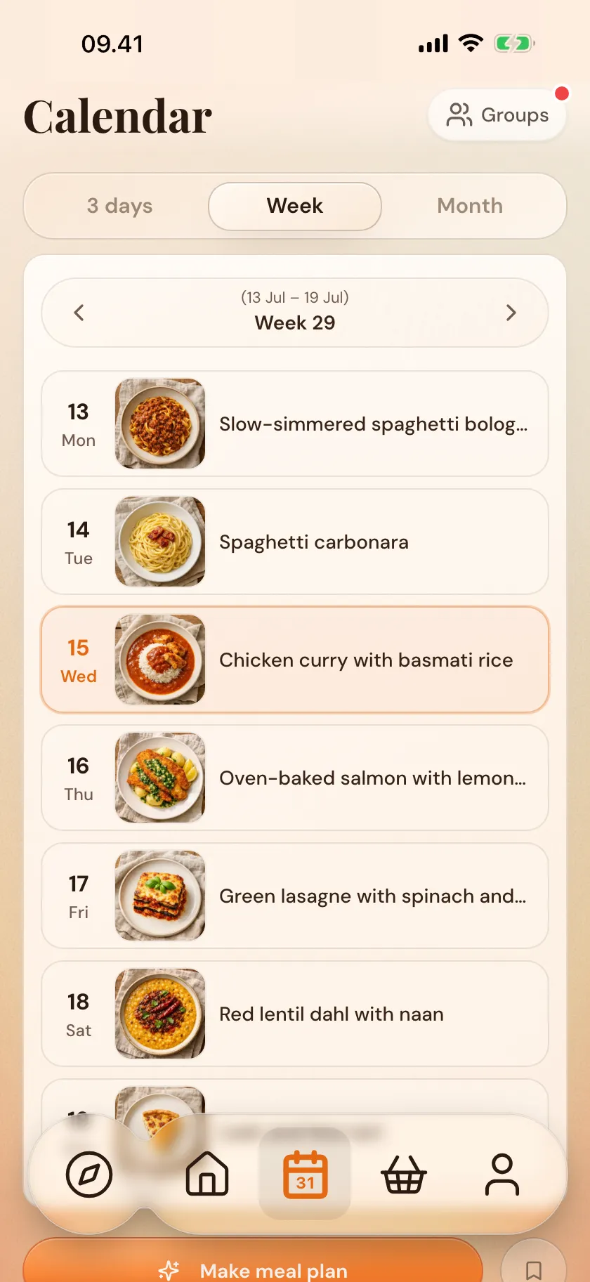 The shared week in the Zimmer calendar — everyone sees the same meals