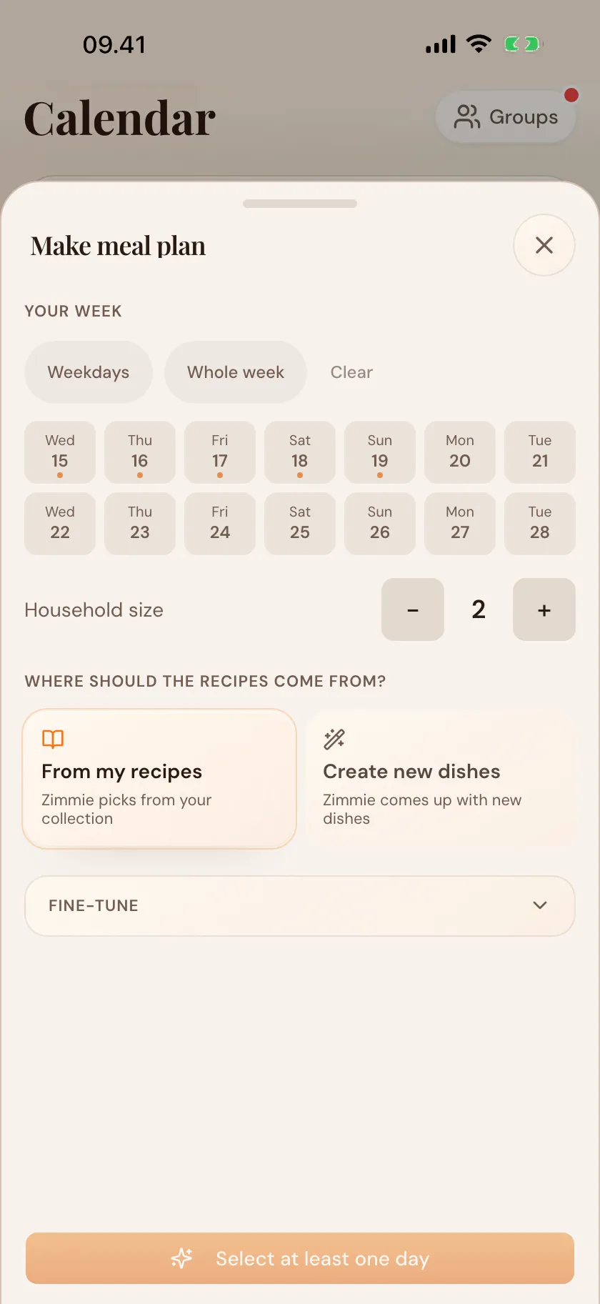 Make a meal plan in Zimmer — say what the week should cover, how many you are, and which days