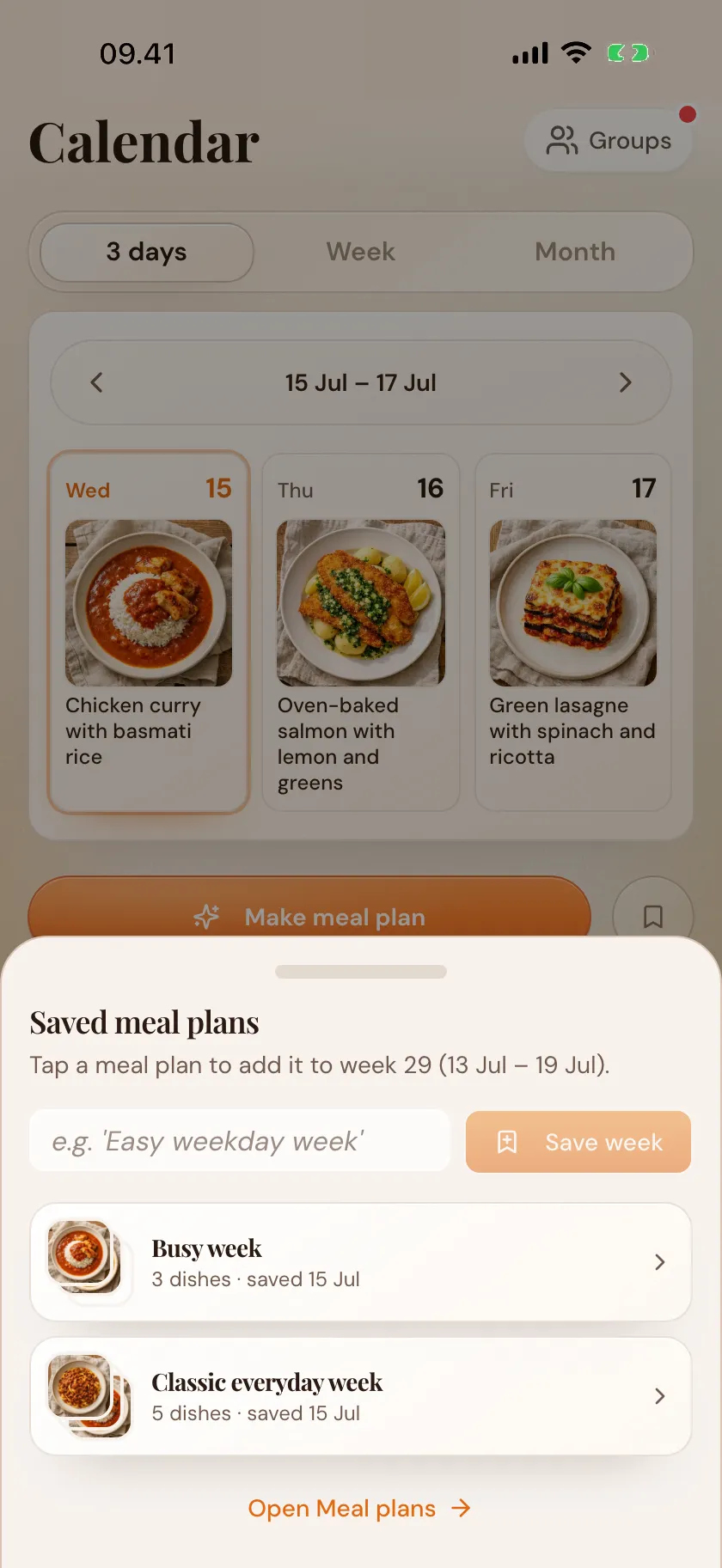 Your saved meal plans gathered in one place in Zimmer