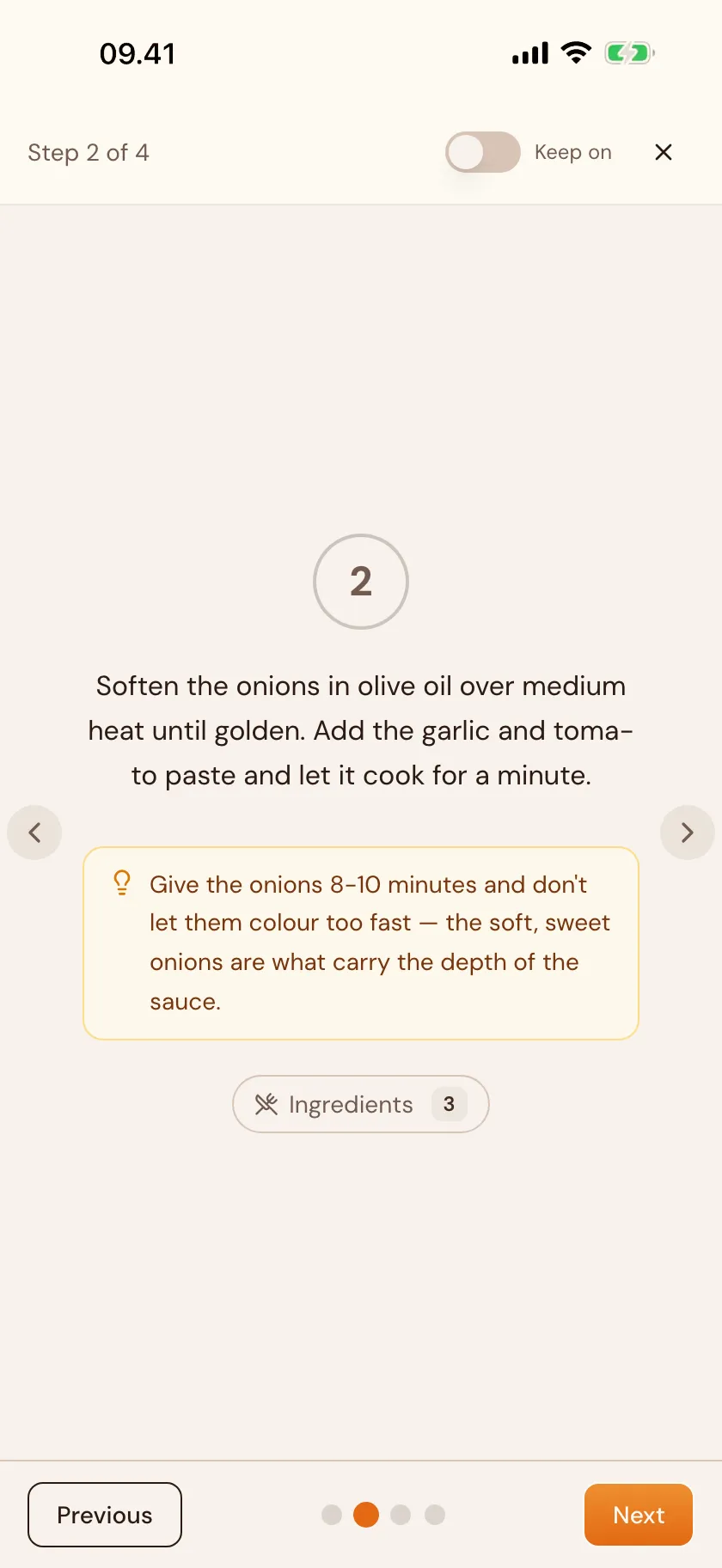 A recipe step expanded with a small tip from the kitchen