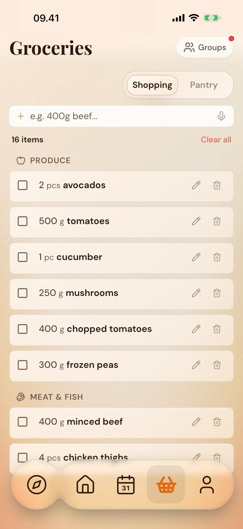 The shopping list in Zimmer, gathered into aisles